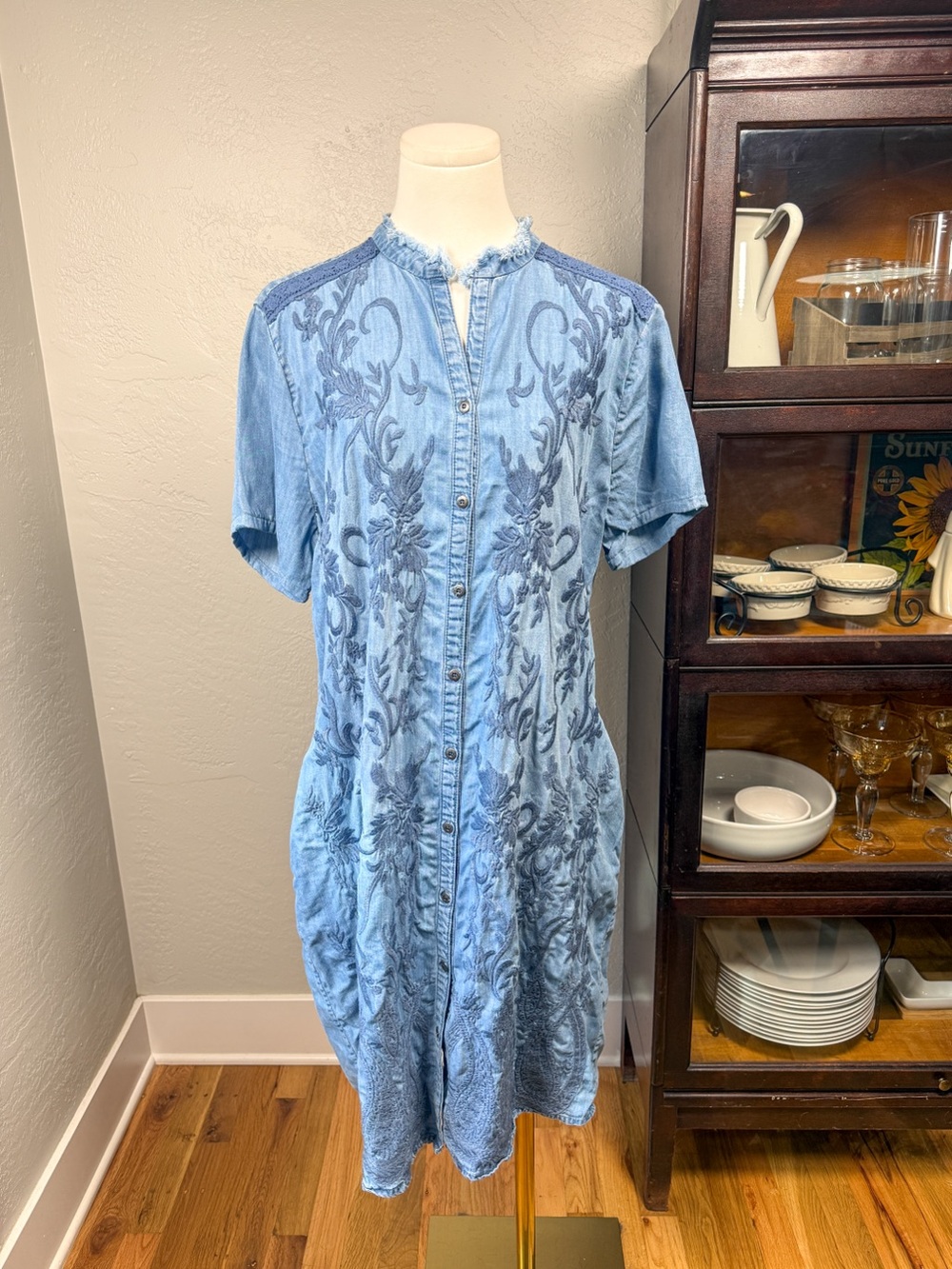 Reba Denim Tencel Embroidered Chambray Shirt Dress Western Boho Size XL